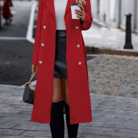 Red Elegant Women's Lapel Neck Double Breasted Belted Trench Coat - Picture 5 of 6